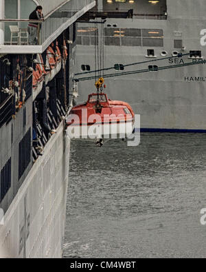 5. Juli 2012 - Borough Of Juneau, Alaska, US - Crew an Bord der Regent Seven Seas Navigator durchführen Sicherheit Bohrer Rettungsboote während in den Hafen von Juneau, Alaska angedockt. (Kredit-Bild: © Arnold Drapkin/ZUMAPRESS.com) Stockfoto