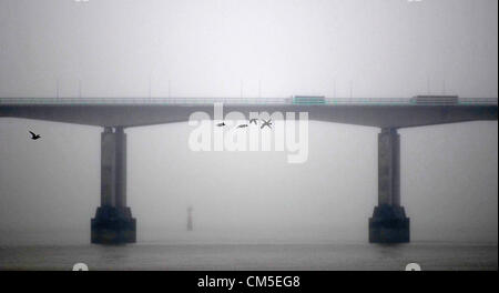 Severn Brücke, Wales, UK. 8. Oktober 2012. Eine Herde von Enten, die heute über den nebligen Fluss Severn mit der neuen Severn-Brücke in die Ferne fliegen. Stockfoto