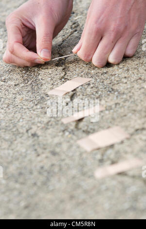 Mannes Hände Anwendung Pflaster über Risse in der Straße. Vertikale erschossen. Stockfoto