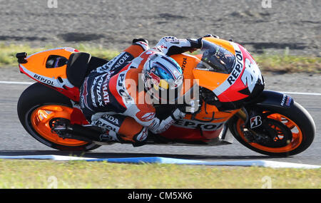 12. Oktober 2012 - Motegi, Japan - Dani Pedrosa Spaniens und Repsol Honda Team fährt während einer freien Training während der MotoGP von Japan auf dem Twin Ring Motegi am 12. Oktober 2012 in Motegi, Japan. (Kredit-Bild: © Koichi Kamoshida/Jana Press/ZUMAPRESS.com) Stockfoto