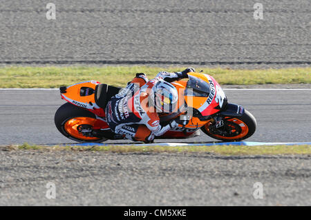 12. Oktober 2012 - Motegi, Japan - Dani Pedrosa Spaniens und Repsol Honda Team fährt während einer freien Training während der MotoGP von Japan auf dem Twin Ring Motegi am 12. Oktober 2012 in Motegi, Japan. (Kredit-Bild: © Koichi Kamoshida/Jana Press/ZUMAPRESS.com) Stockfoto