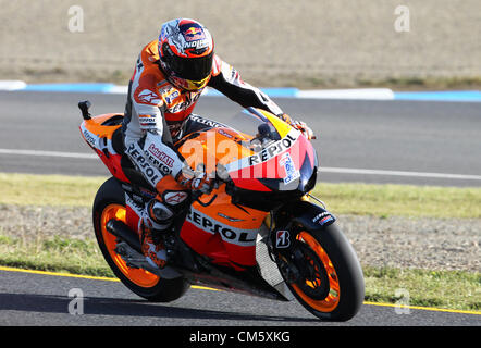 12. Oktober 2012 - Motegi, Japan - Casey Stoner von Australien und Repsol Honda Team fährt während einer freien Training während der MotoGP von Japan auf dem Twin Ring Motegi am 12. Oktober 2012 in Motegi, Japan. (Kredit-Bild: © Koichi Kamoshida/Jana Press/ZUMAPRESS.com) Stockfoto