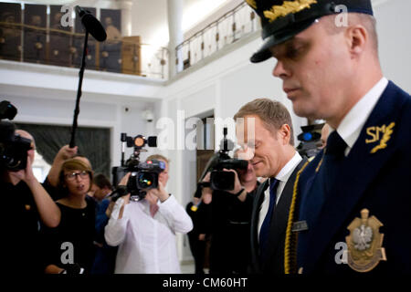 12. Oktober 2012. Warschau, Polen. Aussetzen des Premierministers und Vertrauensbeweis für die gegenwärtige Regierung im Parlament (Sejm). Auf dem Bild - Donald Tusk - polnischer Ministerpräsident Stockfoto