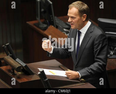 12. Oktober 2012. Warschau, Polen. Aussetzen des Premierministers und Vertrauensbeweis für die gegenwärtige Regierung im Parlament (Sejm). Auf dem Bild - Donald Tusk - polnischer Ministerpräsident Stockfoto