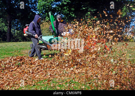 Boston, USA. 18. Oktober 2012. Wechselnden Farben der Blätter im Herbst, wie Herbst kommt nach New England mit Park-Arbeiter tot löschen lässt mit Laubbläser auf Boston Common in Boston, Massachusetts, USA. Stockfoto