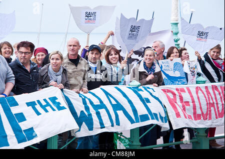 Aktivisten, Naturschützer, Taucher, Reiseveranstalter sowie Wal- und Experten aus aller Welt und Caroline Lucas MP sammeln von West Pier und außerhalb der Hilton Brighton Metropole, die erste öffentliche Erklärung im Namen Save the Whales zu hören: Reloaded am Ende dieser Woche Konferenz in Brighton. 26. Oktober 2012 Phot Credit: Julia Claxton/Alamy live-Nachrichten. VEREINIGTES KÖNIGREICH. Stockfoto