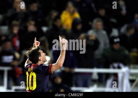 27.10.2012 Vallecano, Spanien.  Spanische La Liga Fußball.  Rayo Vallecano Vs FC Barcelona (0-5) am Campo de Vallecas Stadion. Das Bild zeigt Lionel Andrés Messi (argentinische vorwärts von Barcelona) Stockfoto