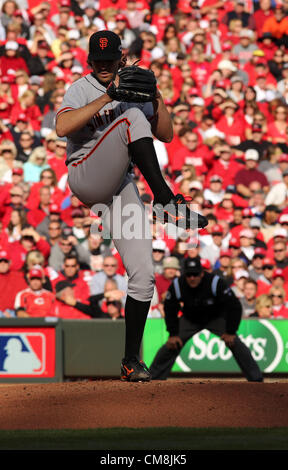 28. Oktober 2012 - Cincinnati, Ohio, USA - San Francisco Giants starten Krug 75 Barry Zito. Stellplätze in MLB Playoff-Spiel mit den Cincinnati Reds in Cincinnati, Ohio am Mittwoch, 10. Oktober 2012. (Bild Kredit: Ernest Coleman/ZUMAPRESS.com)/ © Alamy live-Nachrichten. Stockfoto