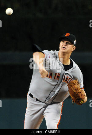 28.10.2012. Detroit, Michigan, USA. San Francisco Giants Krug Matt Cain (18) in Spiel 4 der 2012 Major League Baseball World Series zwischen den San Francisco Giants und die Detroit Tigers im Comerica Park in Detroit, MI ab. Stockfoto