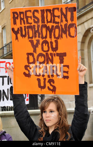 Whitehall, London, UK. 31. Oktober 2012. Eine Frau hält einen Banner sagen "Präsident Yudhoyono erschrecken Sie uns nicht" auf den Protest gegen Menschenrechtsverletzungen in Indonesien. Protest gegen Menschenrechtsverletzungen in Indonesien organisiert durch die Kampagnengruppe, die Tapol am Whitehall gegenüber Downing Street stattfindet. Bildnachweis: Matthew Chattle / Alamy Live News Stockfoto