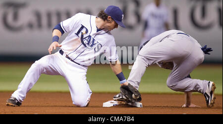 2. Juli 2012 - St. Petersburg, FL, USA - JAMES BORCHUCK |   Times.SP 355483 BORC rays (02.07.12) (St. Petersburg, FL) Will Reime konnte nicht den Ball in der Zeit, Tag, Jayson Nix auf ein stehlen des zweiten Base im vierten Quartal bekommen. (Kredit-Bild: © Tampa Bay Times/ZUMAPRESS.com) Stockfoto