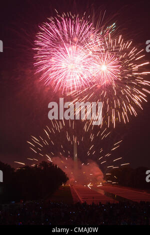Feuerwerk erleuchten den Himmel über dem Washington Monument und das Kapitol in Washington, D.C. am 4. Juli 2012.  Der 4. Juli ist Amerikas Unabhängigkeitstag. Stockfoto