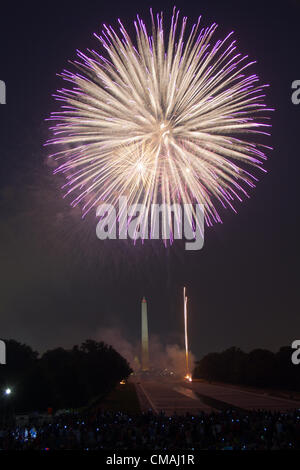 Feuerwerk erleuchten den Himmel über dem Washington Monument und das Kapitol in Washington, D.C. am 4. Juli 2012.  Der 4. Juli ist Amerikas Unabhängigkeitstag. Stockfoto