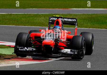 08.07.2012 Towcester, England. Timo Glock Deutschlands und Marussia F1 Team in Aktion während des Rennens beim britischen Grand Prix Santander, Runde 9 der 2012 FIA Formel 1 Weltmeisterschaft in Silverstone. Stockfoto