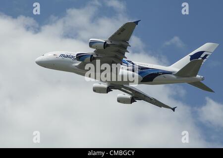 11. Juni 2012. Farnborough International Airshow. Im Bild - Malaysian Airlines A380 Stockfoto