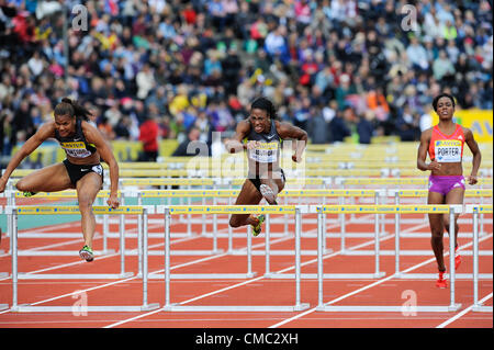 14.07.2012 AVIVA London Grand Prix Kristallpalast, England. AVIVA 2012 Leichtathletik, den London Grand Prix. Virginia Crawford, Danielle Carruthers und Tiffany Porter, 100 m Hürden Frauen in Aktion im Crystal Palace. Stockfoto