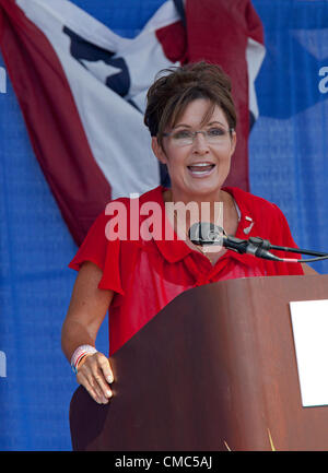 Belleville, Michigan - 14. Juli 2012 - ehemalige Alaskas Gouverneurin Sarah Palin spricht auf einer Kundgebung von "Patrioten im Park", organisiert von der Tea Party und die Amerikaner für den Wohlstand. Stockfoto