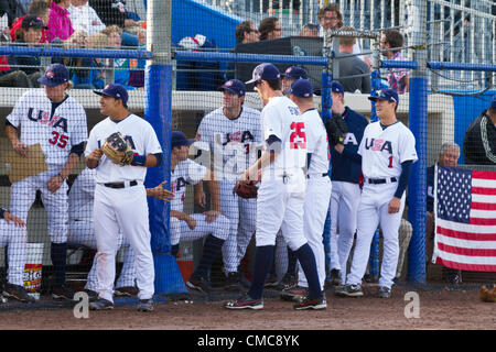 HAARLEM, NIEDERLANDE, 15.07.2012. Team USA in ihre Zitze vor der Partie gegen Kuba auf der Haarlem Baseball Woche 2012. Stockfoto