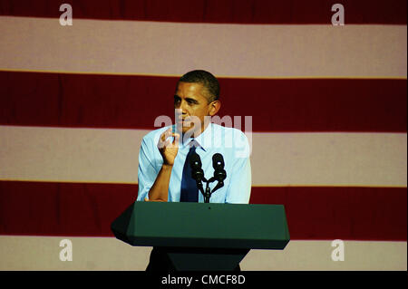 US-Präsident Barak Obama spricht zu einer Masse von ca. 1200 Fans bei einer Spendenaktion in Austin Music Hall in Austin, Texas am 17.07.2012. Stockfoto