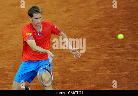 20.07.2012 Hamburg, Deutschland. Deutschlands Florian Mayer spielt gegen Deutschlands Haas bei der ATPWorld Tour 500 Turnier am Rothenbaum in Hamburg, Deutschland, 20. Juli 2012. Stockfoto