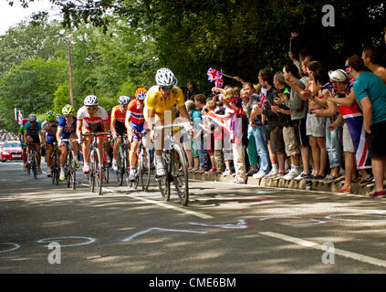 Teilnehmer der Mens Straßenrennen der Olympischen Spiele in London 2012 im Boxhill, Surrey, UK am ersten Tag der Wettbewerbe, versammelten sich 28 Juli 2012.Huge Massen in Boxhill und Umgebung, um die Teilnehmer anzufeuern. An vielen Orten, die Veranstaltung war kostenlos für die Öffentlichkeit zu sehen. Stockfoto