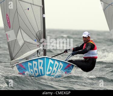 Olympischen Spiele 2012 in London: Segeln, Aktion während der London 2012 Olympische Spiele am Ort Weymouth & Portland, Dorset, England, UK. Ben Ainslie Großbritanniens in der Finn-Klasse 31. Juli 2012 Bild von: DORSET MEDIA SERVICE Stockfoto