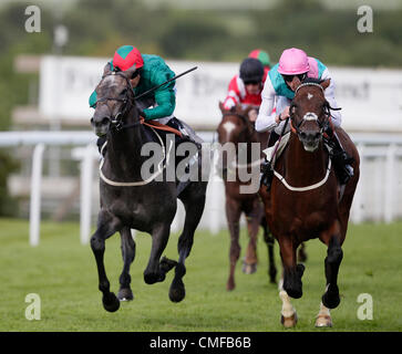 Dienstag, 2. Oktober 2012. Goodwood, England, Vereinigtes Königreich. 02.08.2012 Goodwood, England.  in Aktion während der Betfred Mobile Lotto Wettlauf am Ladies Day auf dem Glorious Goodwood Festival. Erster &amp; zweiter Kampf zu einem Fotofinish mit der Bucht Silber Kalk nur Einfassung der grauen Schwurgericht auf den zweiten Platz. Stockfoto