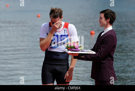 Eton Dorney, Großbritannien. Freitag, 3. August 2012. Der Brite Alan Campbell, der eine bei der Preisverleihung für die Männer rudern einzelne Bronzemedaille Skiff in Eton Dorney, in der Nähe von Windsor, Großbritannien bei den Olympischen Spielen 2012 Freitag, 3. August 2012. (CTK Foto/Radek Petrasek) Stockfoto