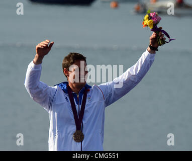 Olympisches Segeln, Aktion während der London 2012 Olympische Spiele bei Weymouth & Portland Veranstaltungsort, Dorset, England, UK.  Finn-Klasse Bronze Medaillengewinner Jonathan Lobert Frankreichs 5. August 2012 Bild: DORSET MEDIA SERVICE Stockfoto