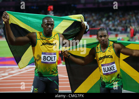 (L, R)  Usain Bolt (JAM), Yohan Blake (JAM), 5. August 2012 - Leichtathletik: Herren 100 m Finale im Olympiapark - Olympia-Stadion in London 2012 Olympische Spiele in London, Vereinigtes Königreich.  (Foto von YUTAKA/AFLO SPORT) [1040] Stockfoto