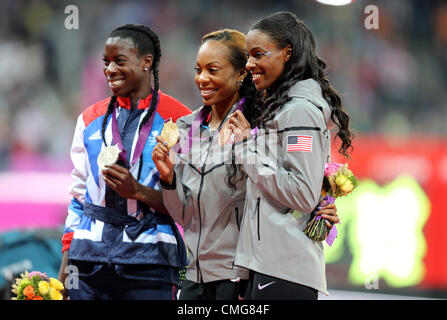 CHRISTINE OHURUOGU, SANYA RICHARDS-ROSS & DEEDEE TROTTER Stockfoto