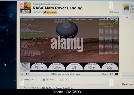 6. August 2012. USA. Einen live Stream der NASA Mars Rover Landung. Eine Computer-Ansicht der Mars Rover Neugier Landung. Dargestellt ist eine Computer-Simulation des Satelliten über der Oberfläche des Mars mit seinen Fallschirm bereitgestellt. Stockfoto