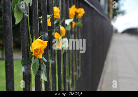 Mit der Fähre Lane, Tottenham, London, UK. 6. August 2012. Blumen mit Klebeband an das Geländer an der Stelle, wo Mark Duggan vor einem Jahr den Vorfall erschossen wurde, die zu den London-Unruhen führte. Stockfoto