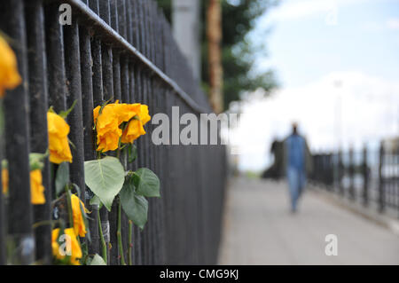 Mit der Fähre Lane, Tottenham, London, UK. 6. August 2012. Blumen mit Klebeband an das Geländer an der Stelle, wo Mark Duggan vor einem Jahr den Vorfall erschossen wurde, die zu den London-Unruhen führte. Stockfoto