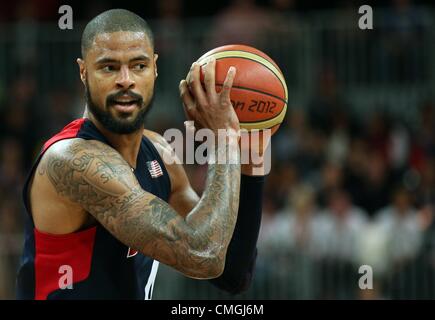 6. August 2012. 06.08.2012. London England. Tyson Chandler der USA im Kampf gegen das Team von Argentinien in der ersten Runde Gruppe A Spiel beim London 2012 Olympische Spiele Basketball-Wettbewerb auf die 2012 Olympischen Spiele in London, London, Vereinigtes Königreich, 6. August 2012. Stockfoto