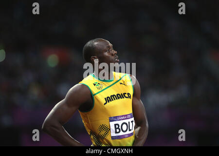 Usain Bolt (JAM), 5. August 2012 - Leichtathletik: Usain Bolt aus Jamaika bereitet vor im Wettbewerb bei der Herren 100 m Finale von London 2012 Olympische Spiele im Olympiastadion in London, Vereinigtes Königreich. (Foto von Koji Aoki/AFLO SPORT) [0008] Stockfoto