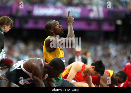 Usain Bolt (JAM), 5. August 2012 - Leichtathletik: Usain Bolt aus Jamaika bereitet vor im Wettbewerb bei der Herren 100 m Halbfinale von London 2012 Olympische Spiele im Olympiastadion in London, Vereinigtes Königreich. (Foto von Koji Aoki/AFLO SPORT) [0008] Stockfoto