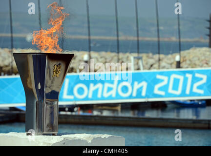 Olympische Flamme, London 2012 Olympische Flamme am Veranstaltungsort Segeln Stockfoto