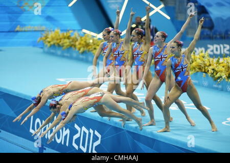 10. August 2012. 10.08.2012. London, ENGLAND; Australien spielt in der Frauen Teams synchron schwimmen frei Routine Finale am 14. Tag des London 2012 Olympische Spiele im Aquatics Centre. Stockfoto