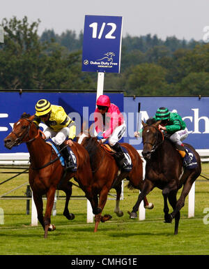 11.08.2012. Ascot, ENGLAND Aaron Gryder auf Viking Storm (Trainer H J L Dunlop) geht nach der Winning Post in Aktion in der Michael Page International Shergar Cup Challenge (Klasse 3 Handicap) während der Dubai Duty Free Shergar Cup bei Ascot-Rennen. Stockfoto