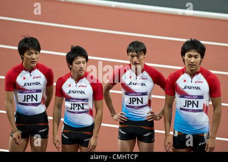 (L-R) Ryota Yamagata, Masashi Eriguchi, Shinji Takahira, Shota Iizuka (JPN), 11. August 2012 - Leichtathletik: Japan Team reagieren nach Abschluss die Männer 4x100m Staffel Finale von London 2012 Olympische Spiele im Olympiastadion in London, Vereinigtes Königreich. (Foto von Enrico Calderoni/AFLO SPORT) [0391] Stockfoto