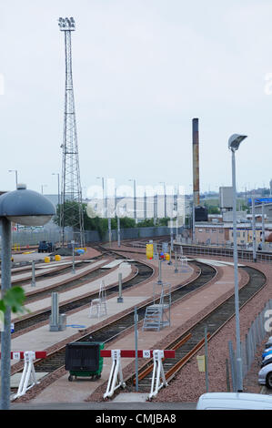 Glasgow, Schottland. Mittwoch, 15. August 2012. Arbeiter im Polmadie Wartung Depot für Virgin Züge in Glasgow unsicher sind, Weiterbeschäftigung als Jungfrau verlieren die West Coast mainline Franchise zu FirstGroup. Bahn-Gewerkschaften warnen, dass bis zu 500 Arbeitsplätze verloren gehen könnten. Stockfoto