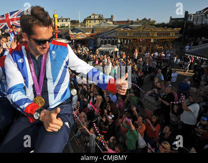 15. August 2012. Team GB Olympiasegler öffnen Top Bustour von Weymouth und Portland. Ben Ainslie.  15. August 2012 Bild von: DORSET MEDIENDIENST Stockfoto