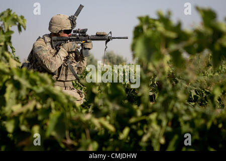 12. August 2012 - Zharay District, Provinz Kandahar, Afghanistan - SPC. Jonathan Myrick der 2nd Platoon, Alpha Company, 1-17 Infanterie, überwacht seine Umfang verdächtige Männer in der Ferne während einer Operation Baumdecke verwendet durch feindliche Kämpfer in der Nähe von COP Ghundy Ghar im Bezirk Zharay, Provinz Kandahar auf Sonntag, 12. August 2012 zu entfernen. (Bild Kredit: ¬ © Andrew A. Nelles/ZUMA drücken) Stockfoto