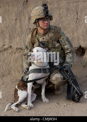 7. August 2012 - Zharay District, Provinz Kandahar, Afghanistan - TEDD Handler SPC.   5, 4th Brigade Combat Team, 82nd Airborne Division und seinem Hund Howard innehalten während einer Fuß-Patrouille. Der 82nd Airborne Division 4th Brigade Combat Team hat eine einzigartige Taktik gegen die zunehmende Bedrohung der improvisierten Sprengsatz in Afghanistan, taktische Sprengstoff-Spürhunde eingesetzt. Die TEDD Teams sind ins Feld geschickt, Fuß Patrouillen zu begleiten, wo sie effektiv bei der Aufdeckung von IED Gefahren sind. Im Gegensatz zu traditionellen militärischen Working Dog-Teams, die in die Armee verwendet hat die Stockfoto