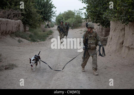 7. August 2012 - Zharay District, Provinz Kandahar, Afghanistan - TEDD Handler SPC. Begleiten Sie ALEXANDER REIMER, 4th Brigade Combat Team, 82nd Airborne Division und seinem Hund Howard eine Fuß-Patrouille. Der 82nd Airborne Division 4th Brigade Combat Team hat eine einzigartige Taktik gegen die zunehmende Bedrohung der improvisierten Sprengsatz in Afghanistan, taktische Sprengstoff-Spürhunde eingesetzt. Die TEDD Teams sind ins Feld geschickt, Fuß Patrouillen zu begleiten, wo sie effektiv bei der Aufdeckung von IED Gefahren sind. Im Gegensatz zu traditionellen militärischen Working Dog-Teams, die die Armee in der Pas verwendet hat Stockfoto