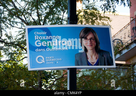 Die Quebec Parlamentswahlen 2012 sollen in der kanadischen Provinz Quebec am 4. September 2012 stattfinden. Große politische Parteien haben die Schlacht auf den Straßen mit Werbeplakaten Fotografien rund um die Stadt Montreal begonnen. Stockfoto