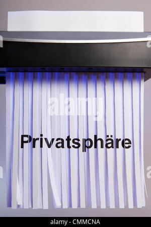 Deutschland/Brandenburg/Illustration: Illustration NSA Spionage-Skandal, zeigt ein zerkleinert Blatt Papier das Wort "Privatsphäre" (Privacy), 4. November 2013 Stockfoto