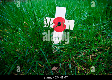 Hölzerne Erinnerung zu überqueren, mit Mohn, platziert in einem Rasen bedeckt Boden Stockfoto