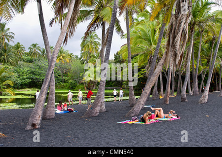 USA, Hawaii, Zeitungsboxen Bezirk (Südinsel). Besucher genießen Punalu'u Black Sand Beach. Stockfoto